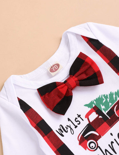 My First Christmas Newborn Girl Boy Xmas Outfits Bow Bodysuit Pants Plaid Hat Infant Christmas Clothes Set