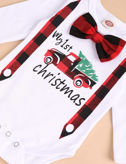 My First Christmas Newborn Girl Boy Xmas Outfits Bow Bodysuit Pants Plaid Hat Infant Christmas Clothes Set